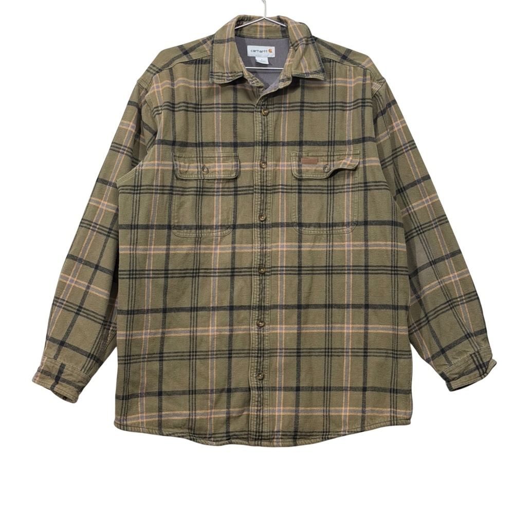 Carhartt Youngstown Shirt Jacs Mens L Army Green Plaid Thermal Lined Workwear